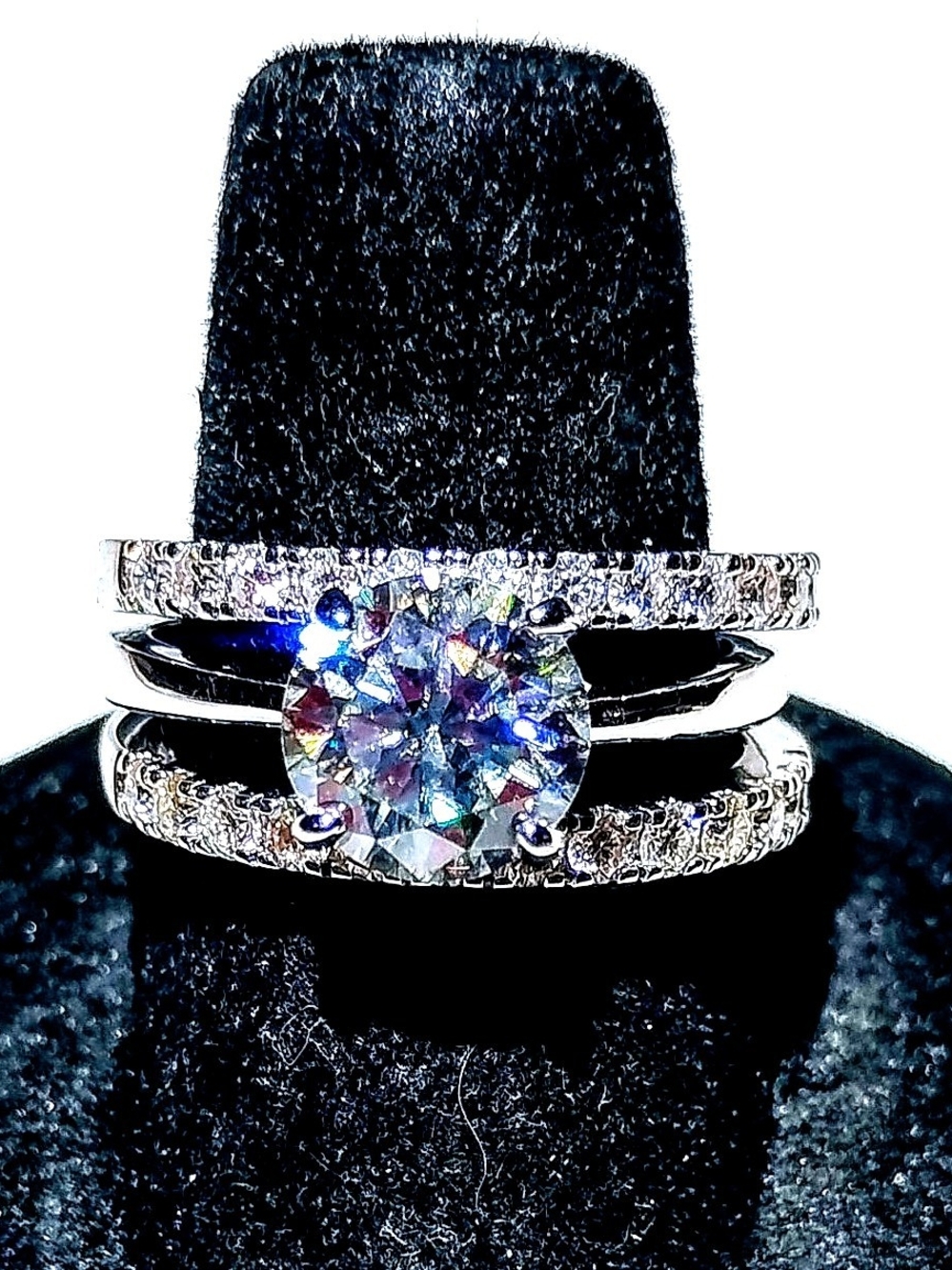 3pc Romantic Sterling Silver 8mm VVSI Moissanite 4 Prong Claw Eternity Ring Set